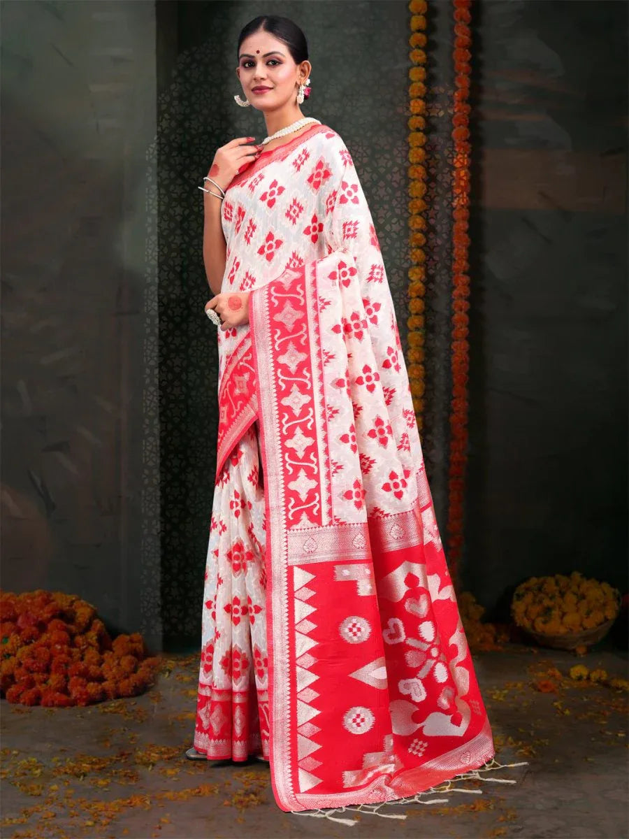 Red & White Linen Cotton Saree With Blouse Piece - EZBER