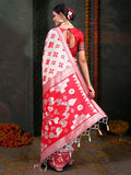 Red & White Linen Cotton Saree With Blouse Piece - EZBER