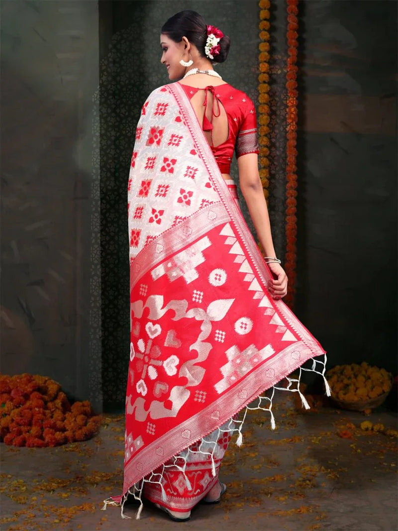 Red & White Linen Cotton Saree With Blouse Piece - EZBER