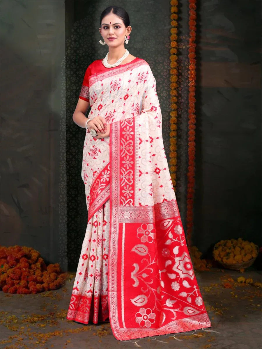 Red & White Linen Cotton Saree With Blouse Piece - EZBER