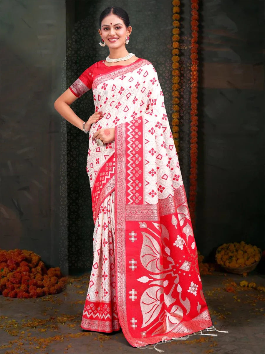 Red & White Linen Cotton Saree With Blouse Piece - EZBER