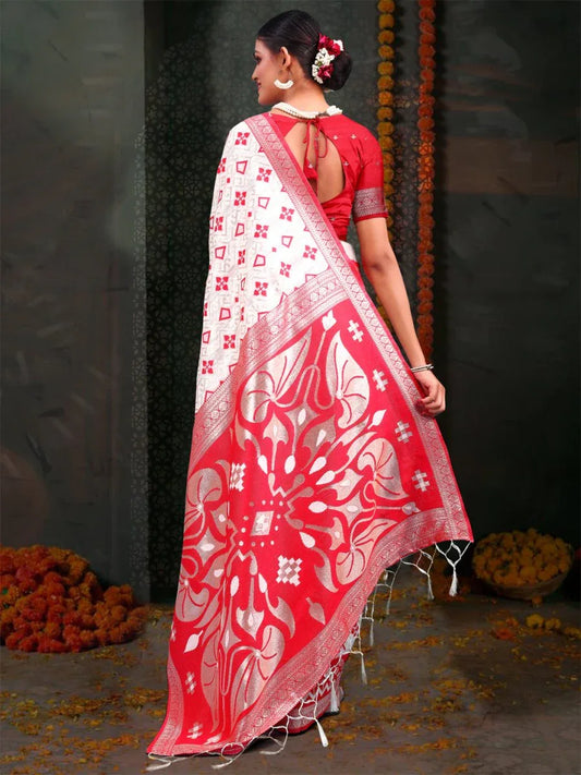 Red & White Linen Cotton Saree With Blouse Piece - EZBER