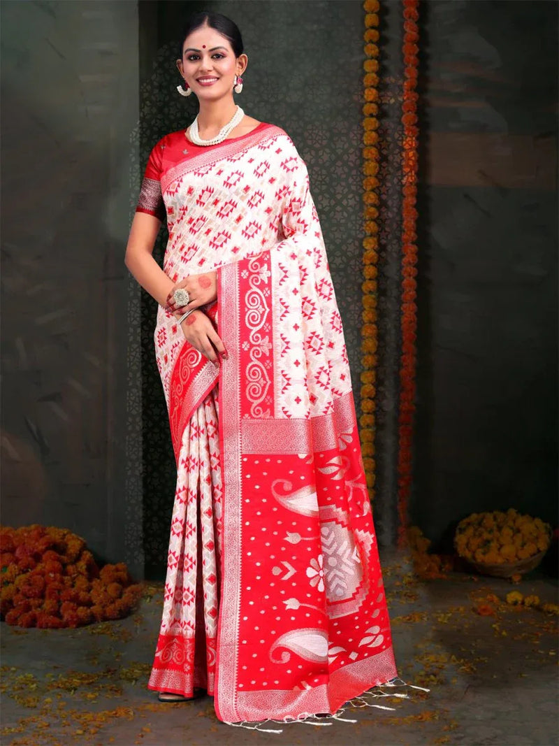 Red & White Linen Cotton Saree With Blouse Piece - EZBER