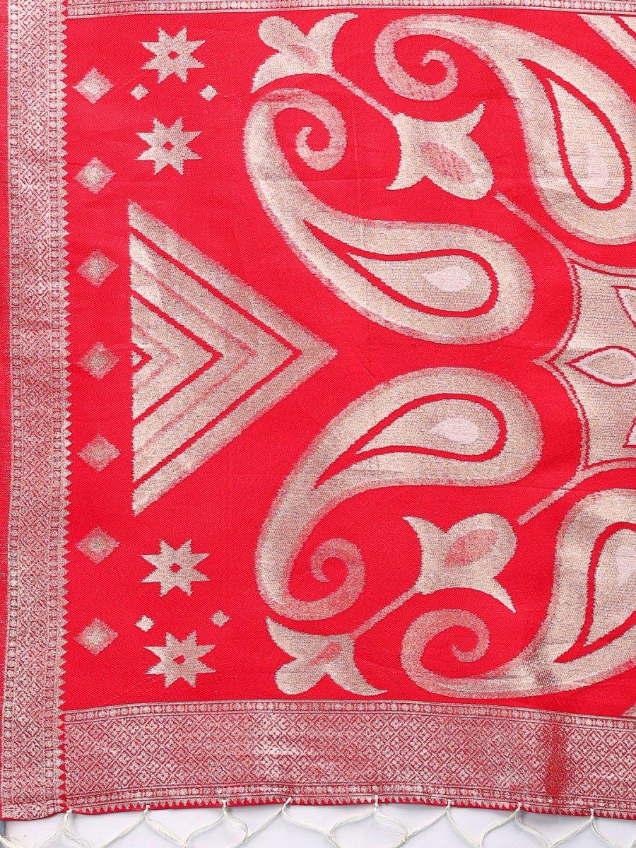 Red & White Linen Cotton Saree With Blouse Piece - EZBER