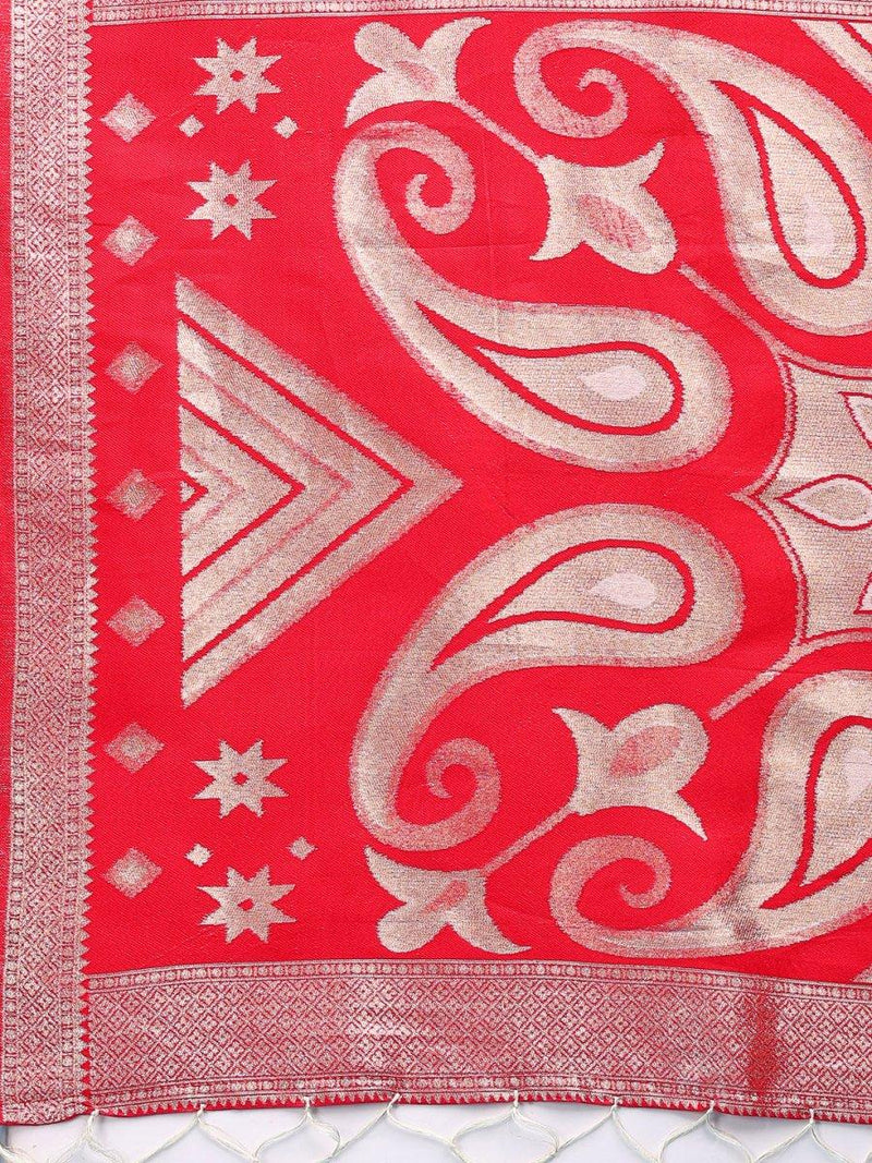 Red & White Linen Cotton Saree With Blouse Piece - EZBER