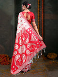 Red & White Linen Cotton Saree With Blouse Piece - EZBER