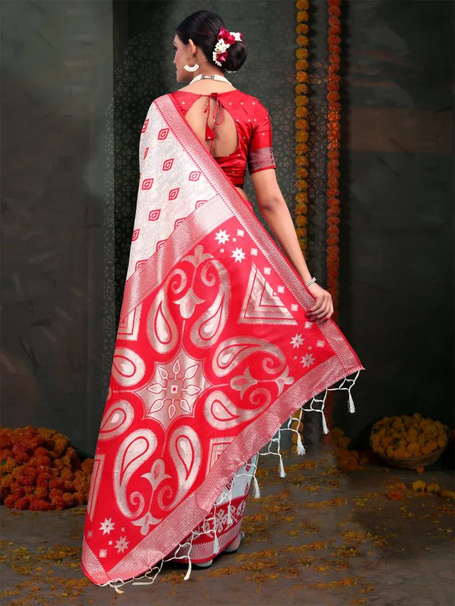 Red & White Linen Cotton Saree With Blouse Piece - EZBER