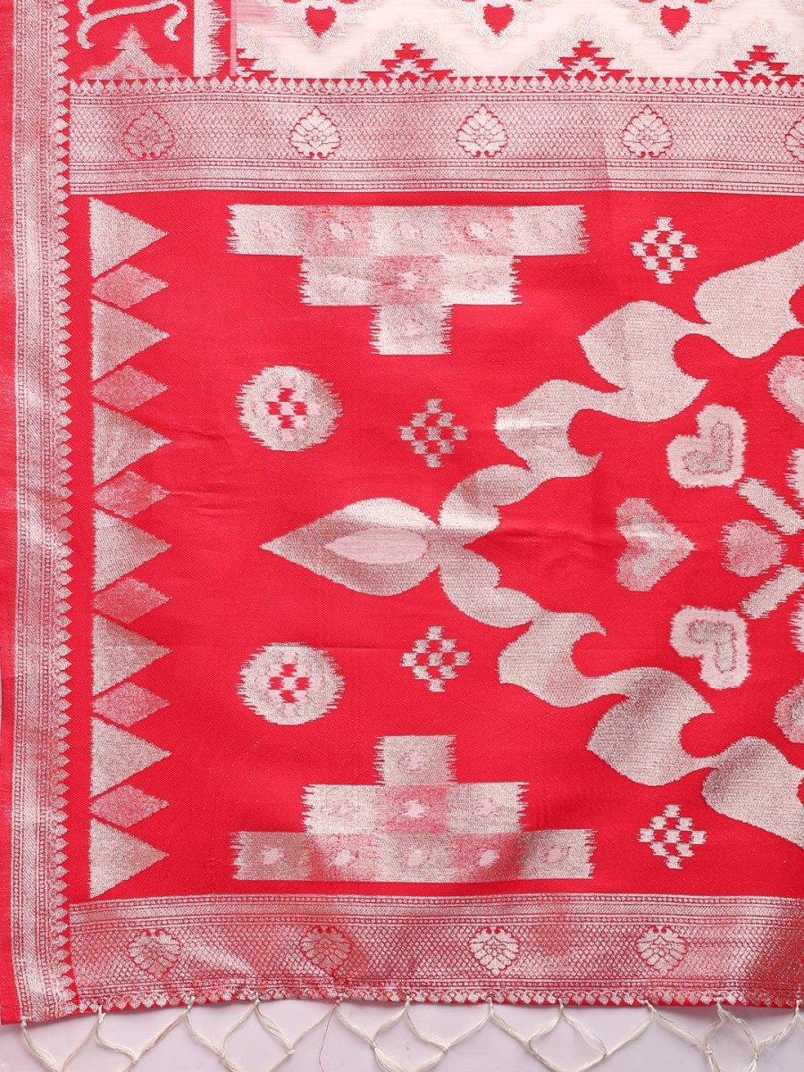 Red & White Linen Cotton Saree With Blouse Piece - EZBER