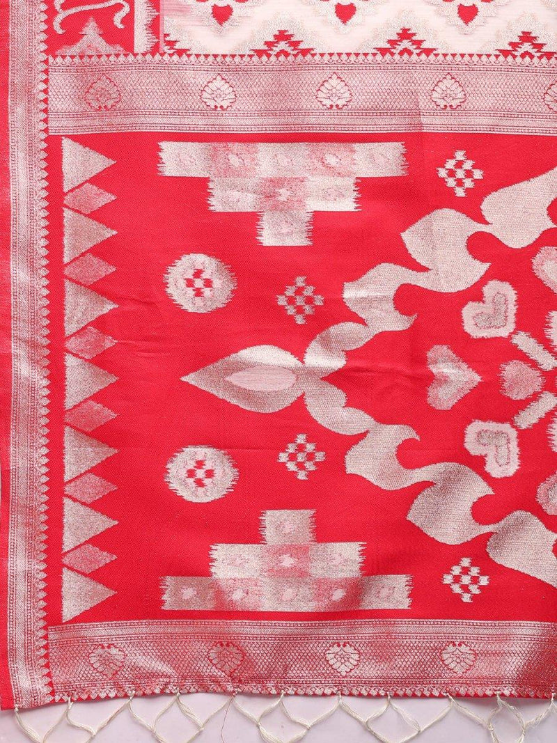 Red & White Linen Cotton Saree With Blouse Piece - EZBER