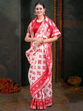 Red & White Linen Cotton Saree With Blouse Piece - EZBER