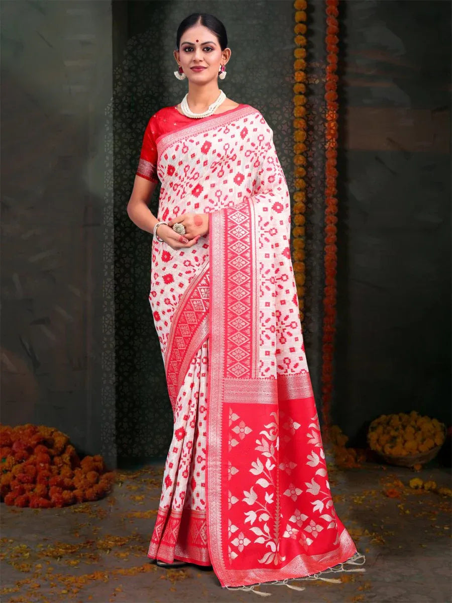 Red & White Linen Cotton Saree With Blouse Piece - EZBER