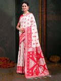 Red & White Linen Cotton Saree With Blouse Piece - EZBER