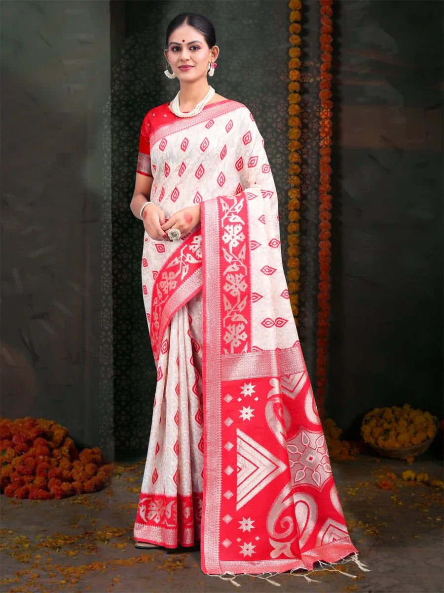 Red & White Linen Cotton Saree With Blouse Piece - EZBER