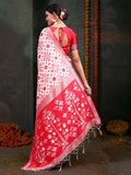 Red & White Linen Cotton Saree With Blouse Piece - EZBER