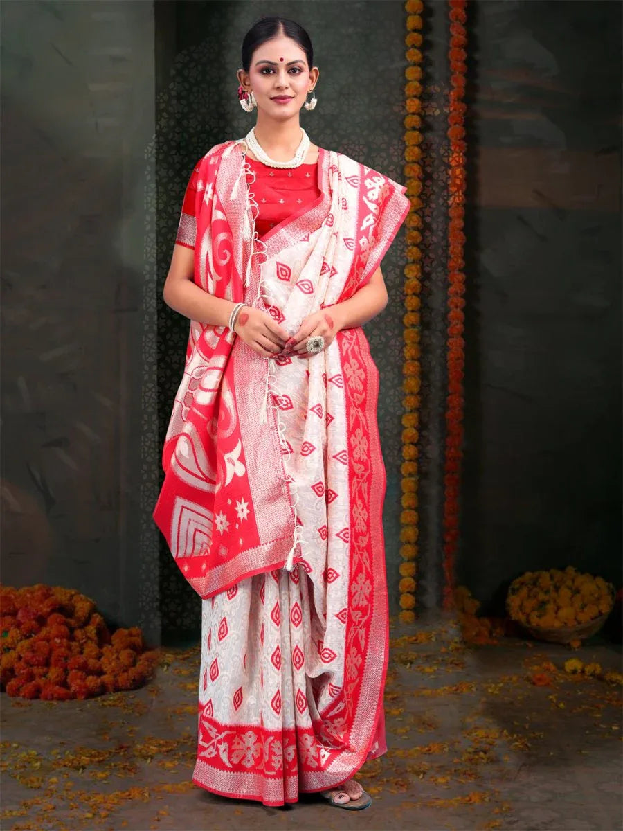Red & White Linen Cotton Saree With Blouse Piece - EZBER