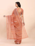 Rust SANSKRIT PRINTS Linen Cotton Saree with Blouse Piece - EZBER