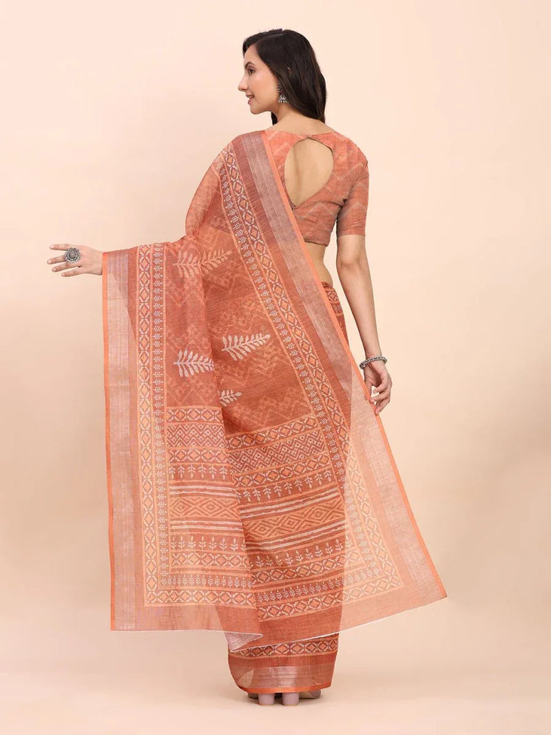 Rust SANSKRIT PRINTS Linen Cotton Saree with Blouse Piece - EZBER
