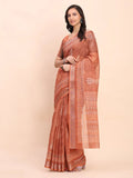 Rust SANSKRIT PRINTS Linen Cotton Saree with Blouse Piece - EZBER