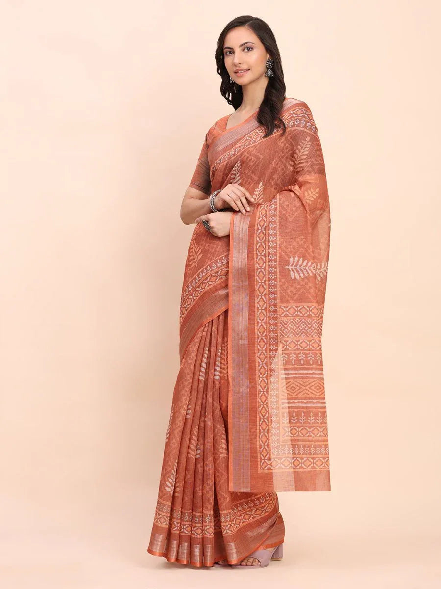 Rust SANSKRIT PRINTS Linen Cotton Saree with Blouse Piece - EZBER