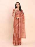 Rust SANSKRIT PRINTS Linen Cotton Saree with Blouse Piece - EZBER