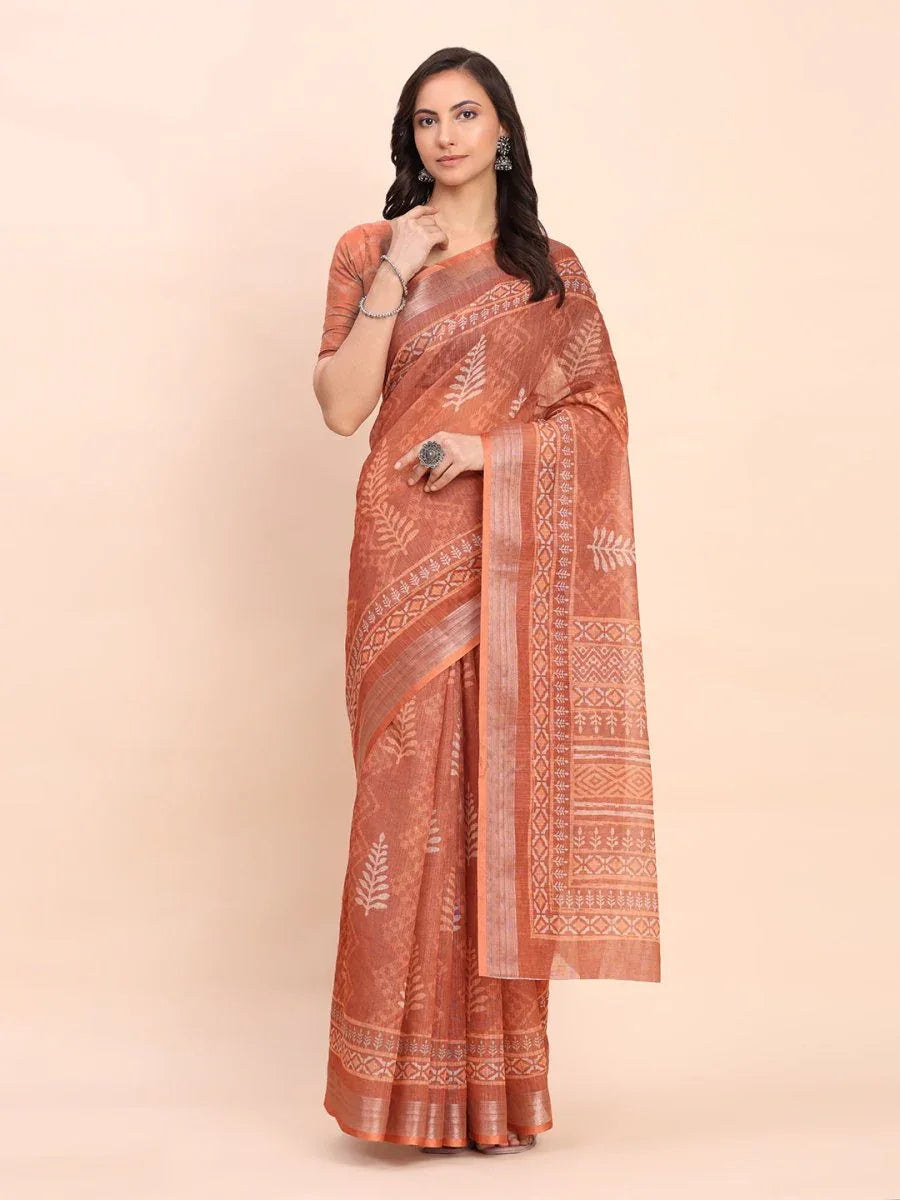 Rust SANSKRIT PRINTS Linen Cotton Saree with Blouse Piece - EZBER
