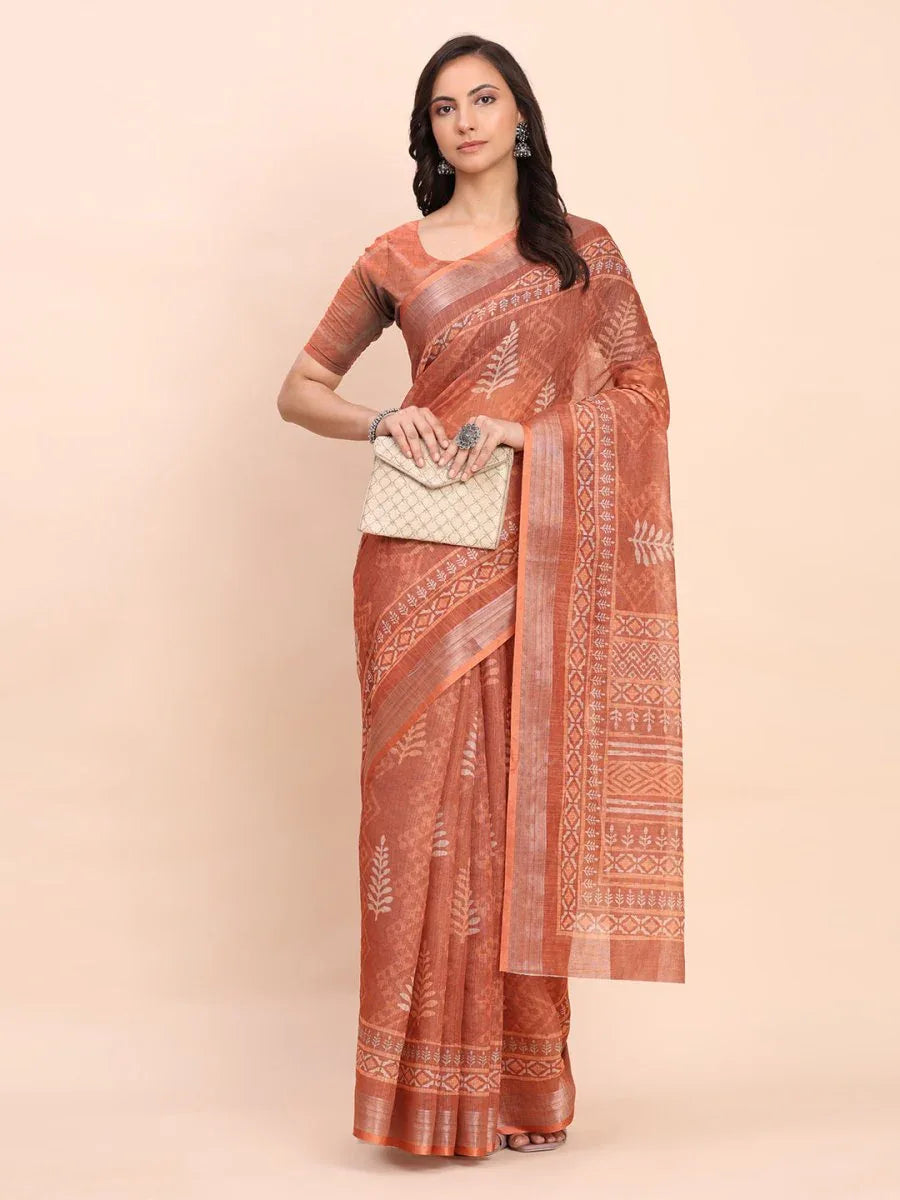 Rust SANSKRIT PRINTS Linen Cotton Saree with Blouse Piece - EZBER