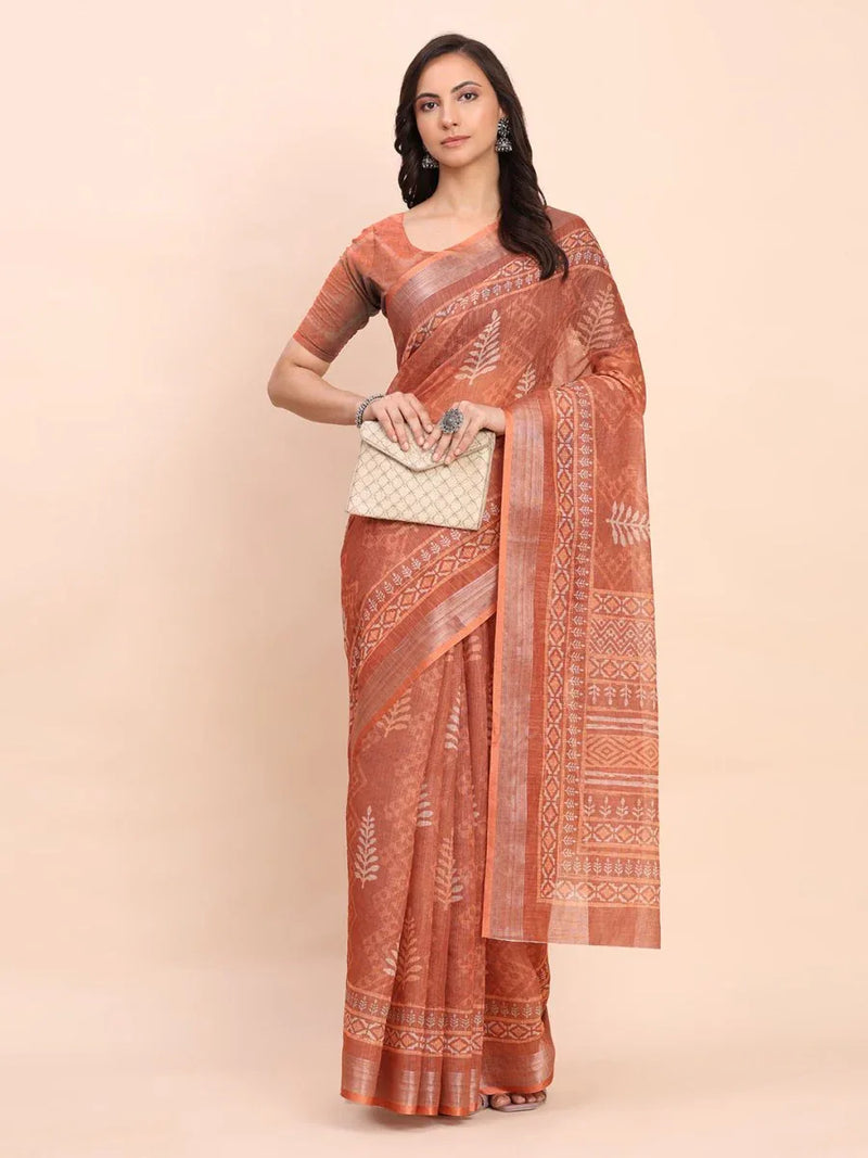 Rust SANSKRIT PRINTS Linen Cotton Saree with Blouse Piece - EZBER