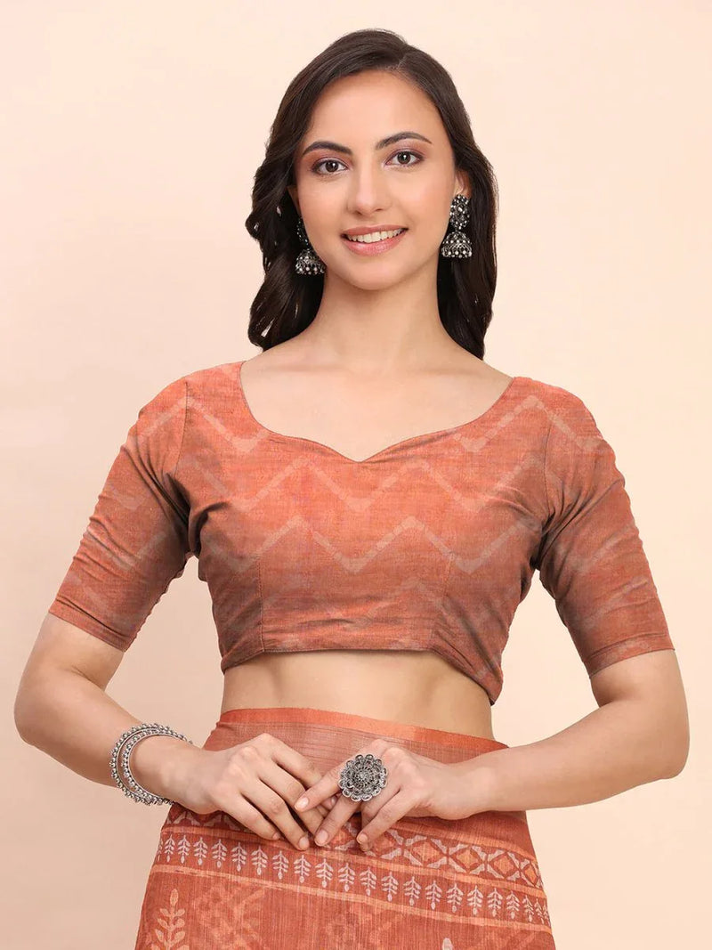 Rust SANSKRIT PRINTS Linen Cotton Saree with Blouse Piece - EZBER