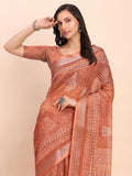 Rust SANSKRIT PRINTS Linen Cotton Saree with Blouse Piece - EZBER