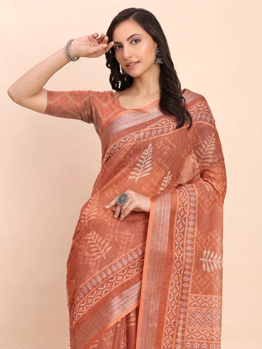 Rust SANSKRIT PRINTS Linen Cotton Saree with Blouse Piece - EZBER
