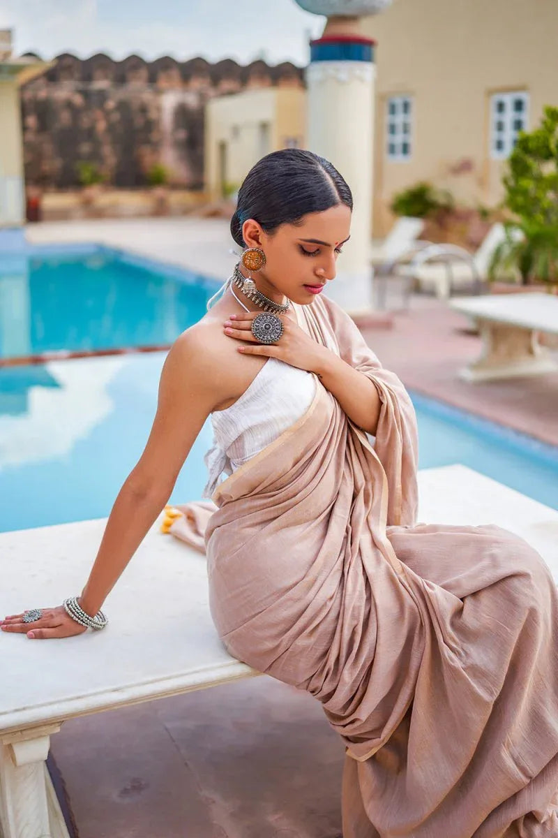 Sand Beige Mulmul Cotton Saree - EZBER