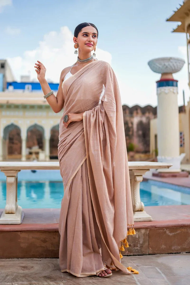 Sand Beige Mulmul Cotton Saree - EZBER