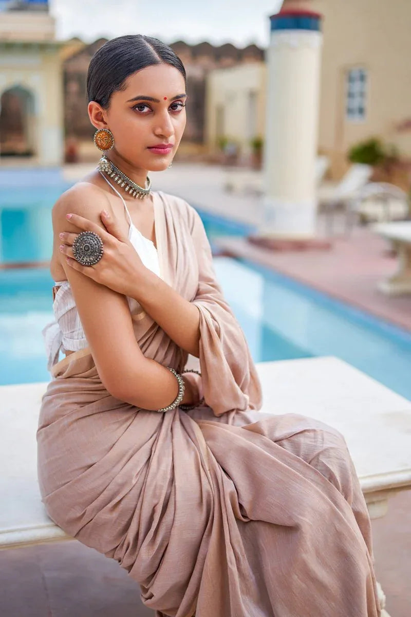 Sand Beige Mulmul Cotton Saree - EZBER