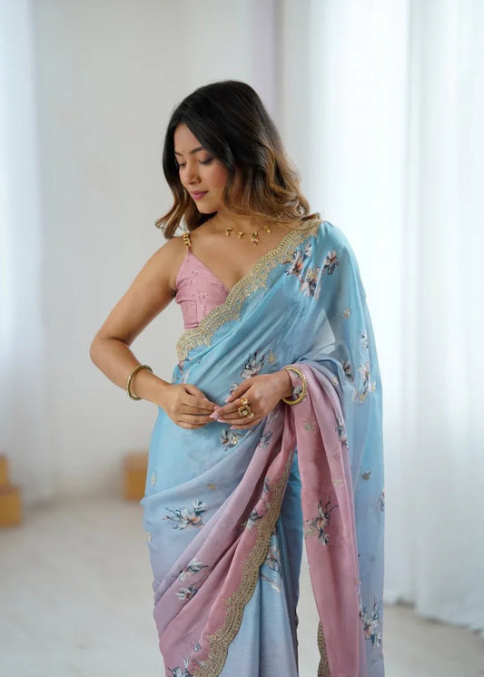 Satin Chiffon With Hand Print Sequins And Dori Embroidered Work With Sattin Chiffon Blouse Piece - EZBER