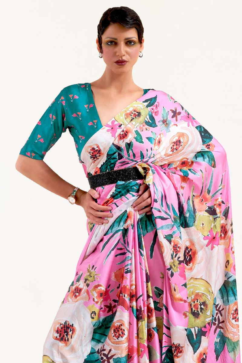 Bubblegum Pink Satin Crep Saree - EZBER