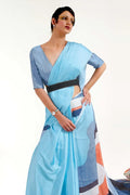 Colorado Blue Satin Crep Saree - EZBER