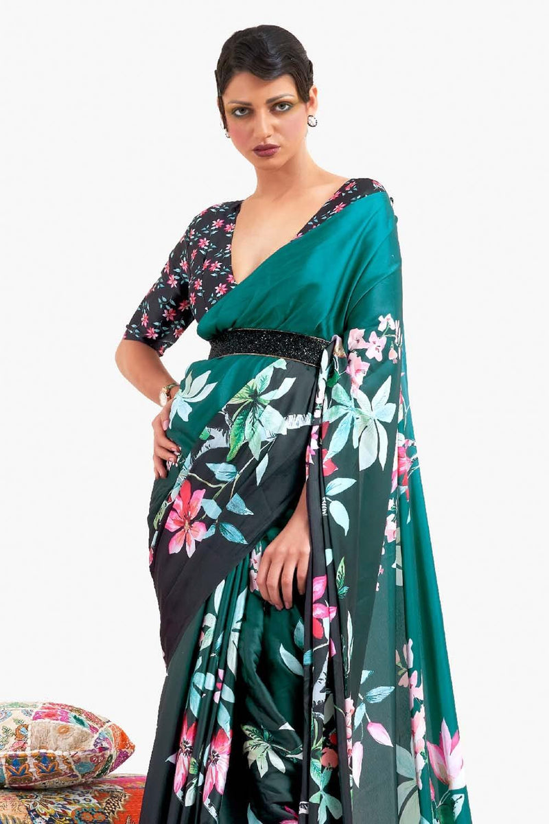 Cyan Satin Crep Saree - EZBER