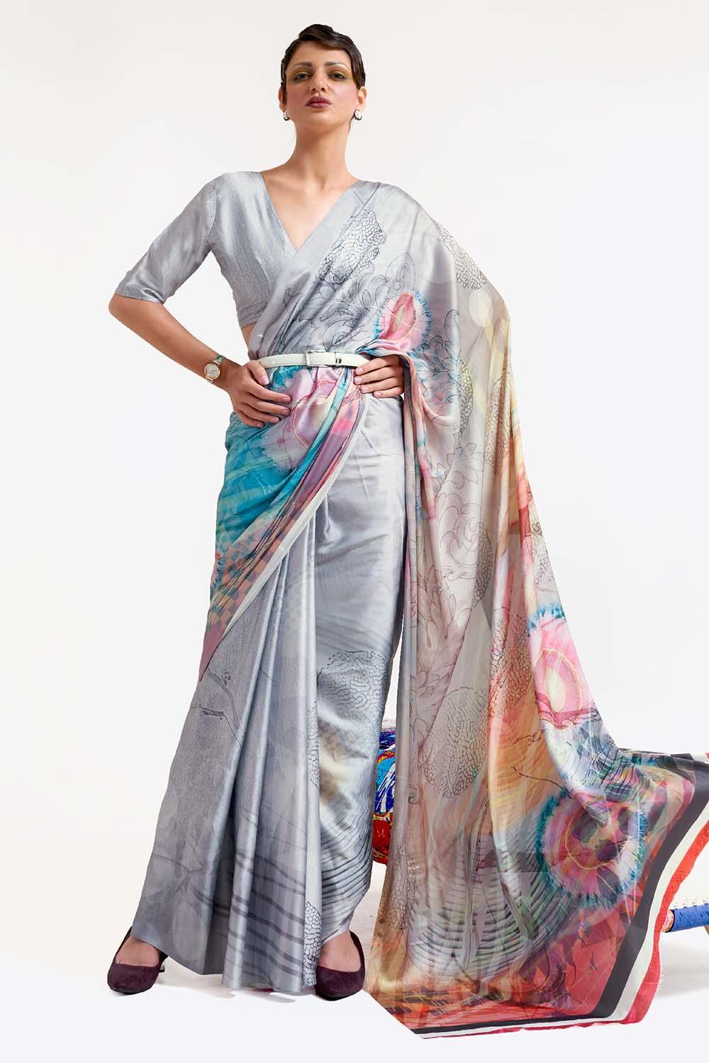 Fog Grey Satin Crep Saree - EZBER