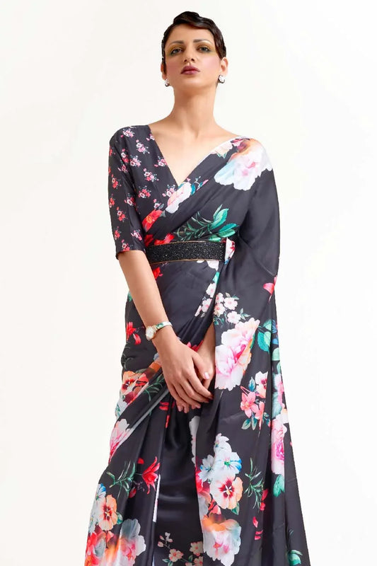 Jet Black Satin Crep Saree - EZBER