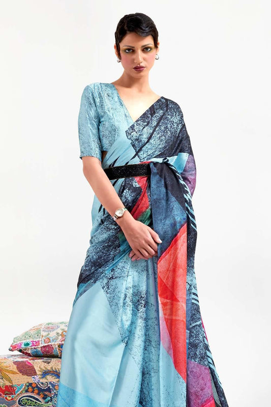 Maya Blue Satin Crep Saree - EZBER