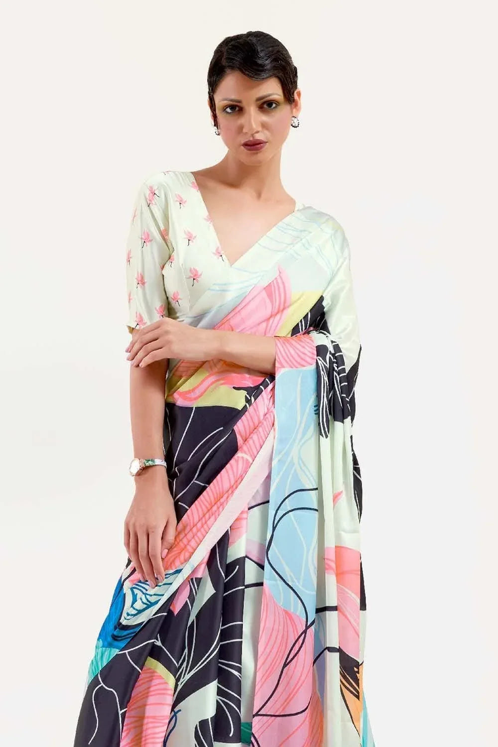 Multicolor Satin Crep Saree - EZBER