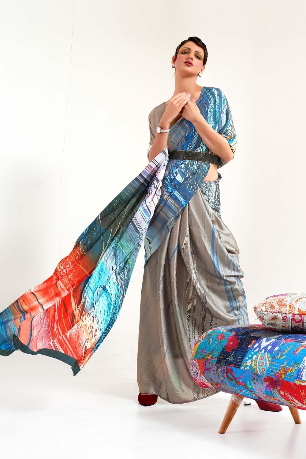 Perfect Greige Satin Crep Saree - EZBER