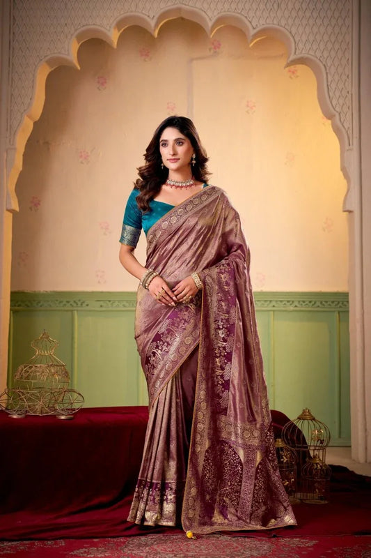 Satin Tissue Woven Design Jacquard Work Handloom Saree With Blouse Piece - EZBER