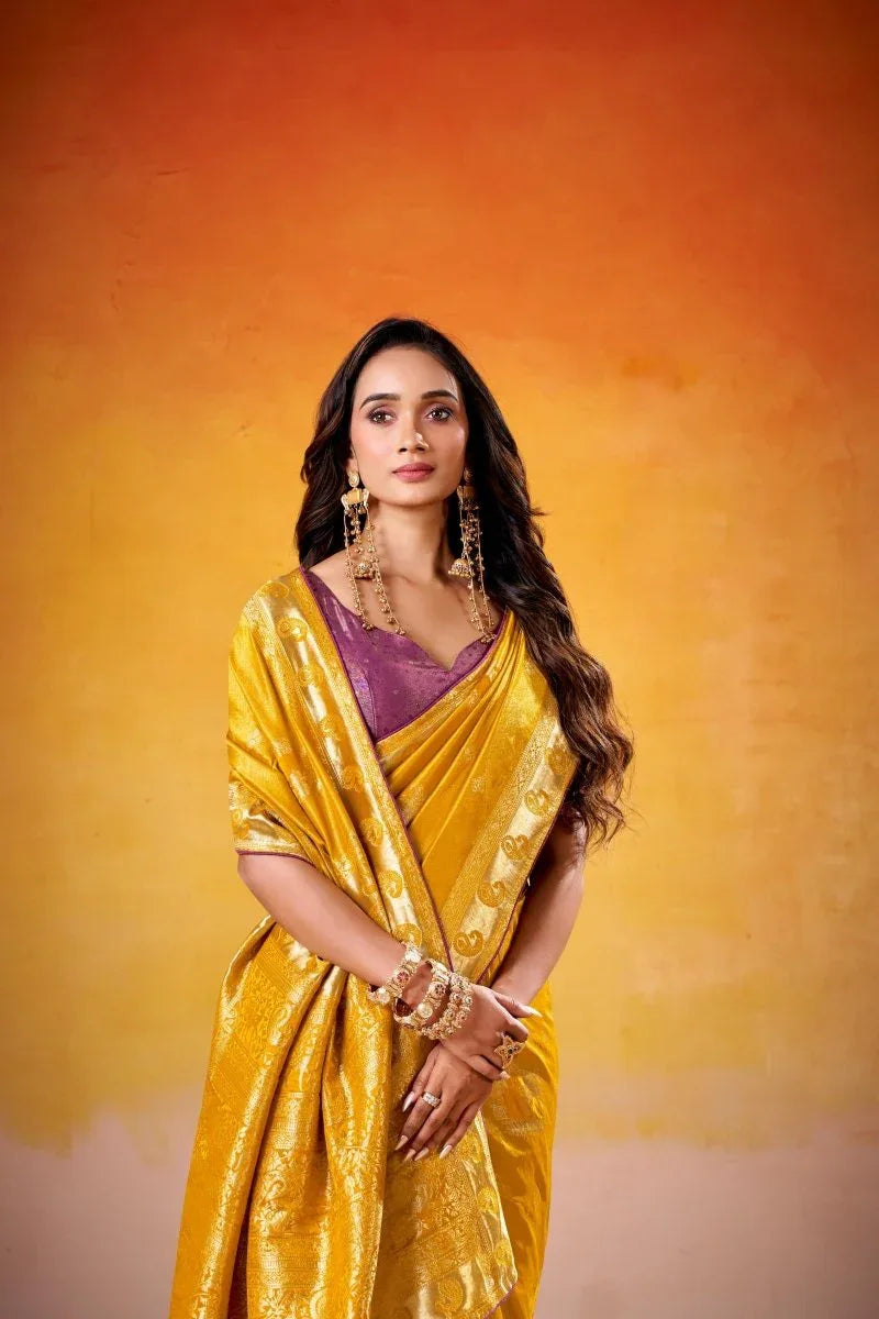 Satin Tissue Woven Design Jacquard Work Handloom Saree With Blouse Piece - EZBER