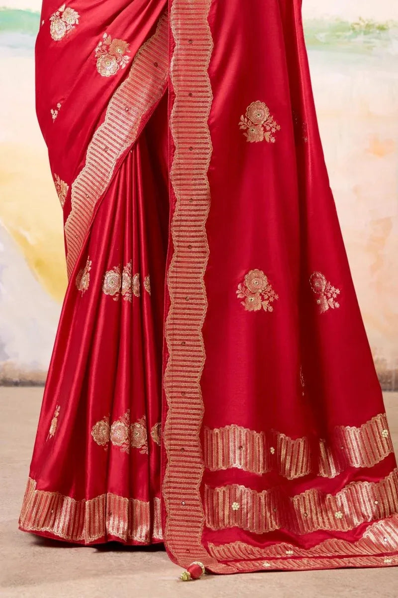 Satin Tissue Woven Design Jacquard Work Handloom Saree With Blouse Piece - EZBER