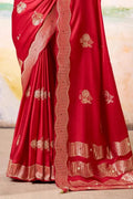 Red Satin Tissue Saree with Blouse Piece  | EZBER