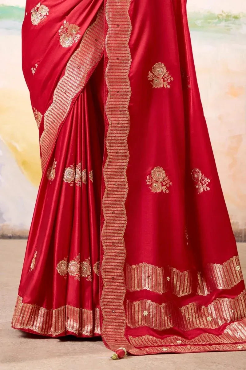 Red Satin Tissue Saree with Blouse Piece  | EZBER