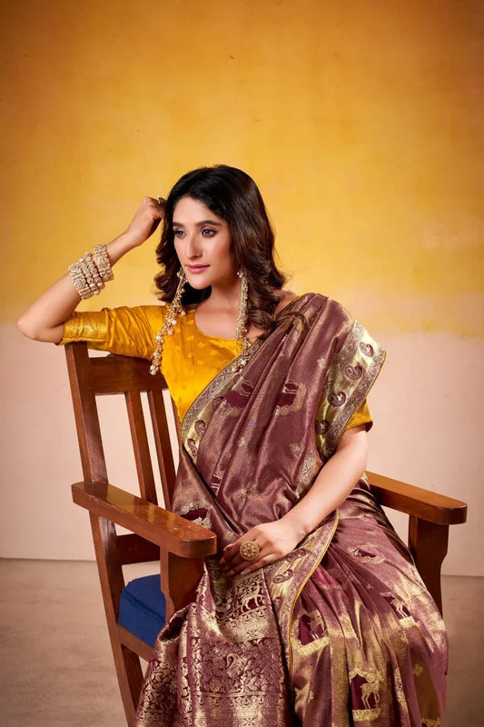 Satin Tissue Woven Design Jacquard Work Handloom Saree With Blouse Piece - EZBER