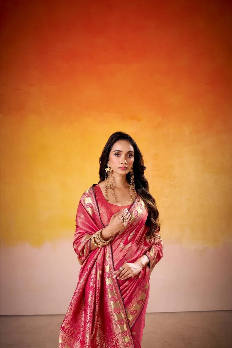 Satin Tissue Woven Design Jacquard Work Handloom Saree With Blouse Piece - EZBER