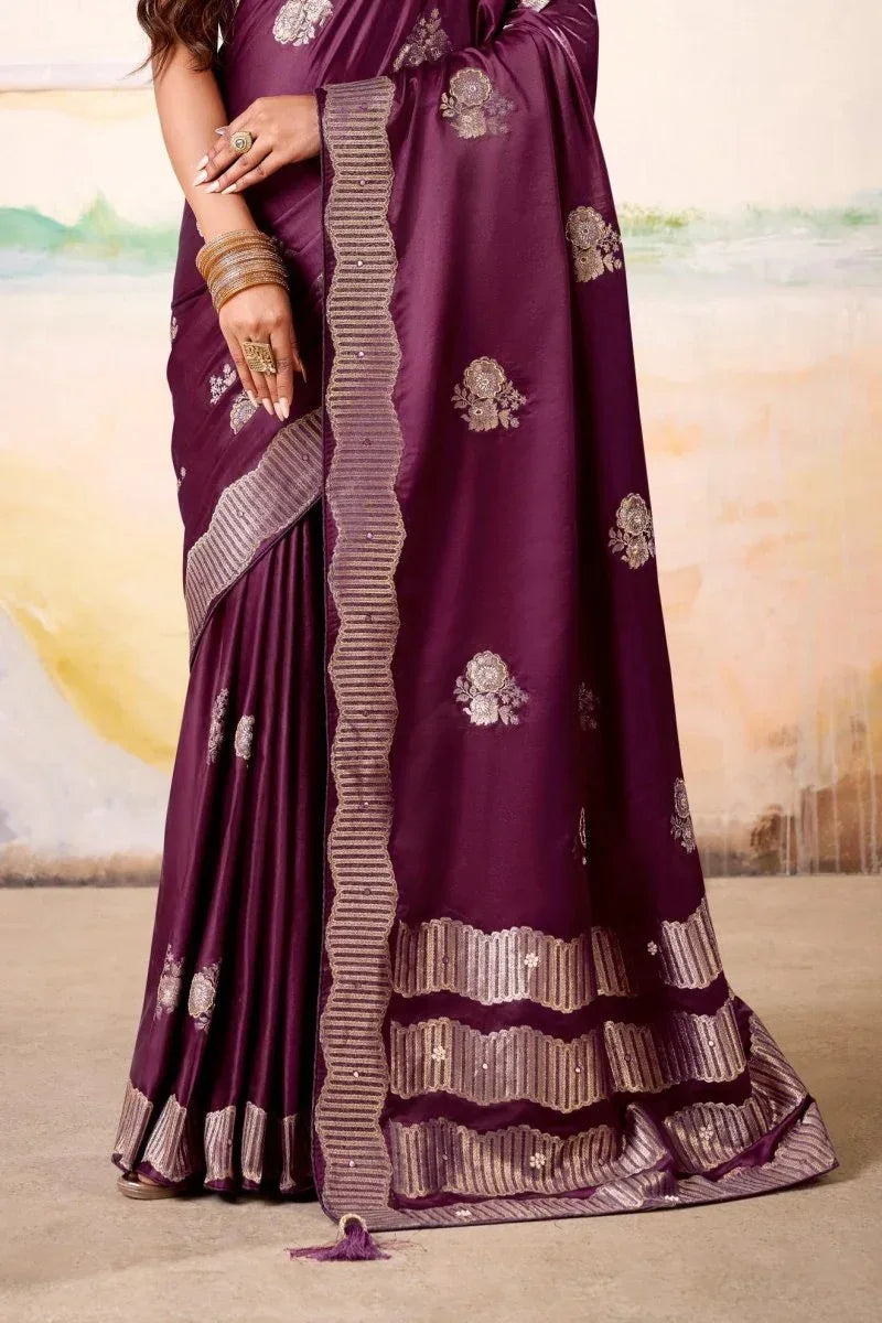 Maroon Satin Tissue Saree with Blouse Piece  | EZBER